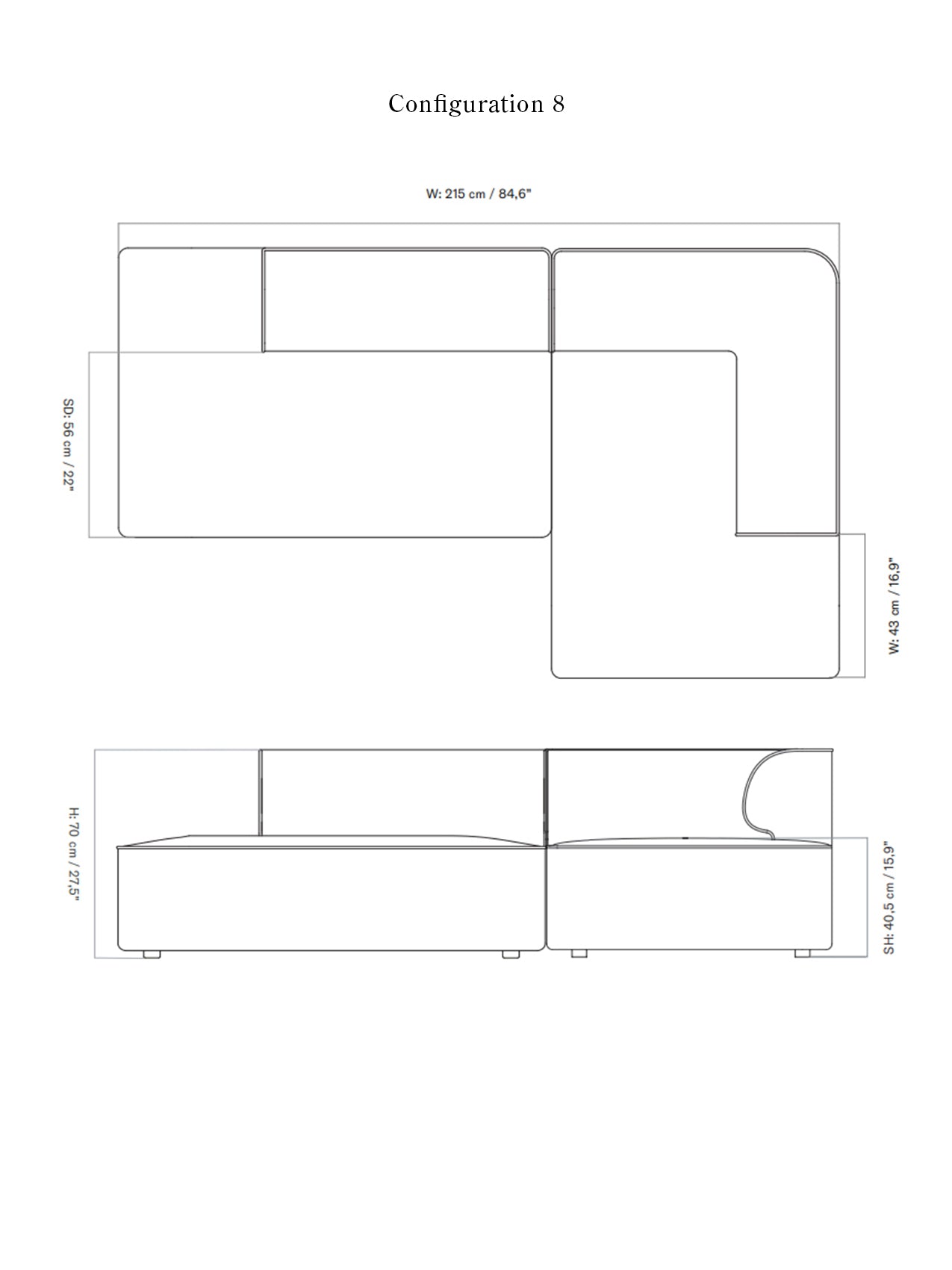 Eave Modular Sofa, 2-seater, Configurations 7-8